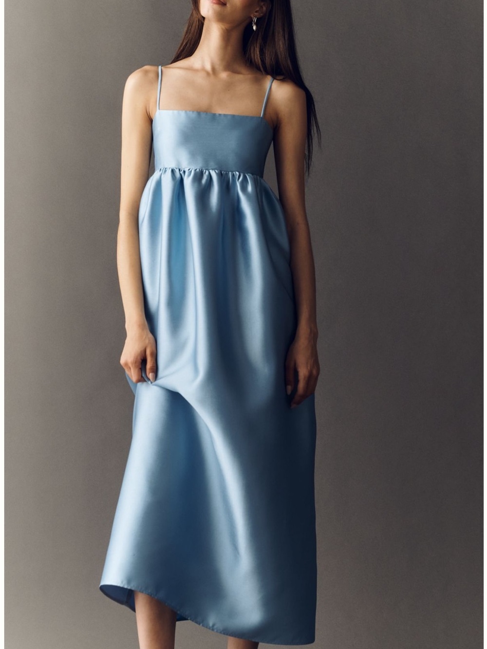 RMN Studio Powder Blue Satin Maxi Babydoll Dress with Spaghetti Straps
